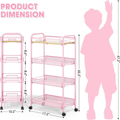 TOOLF 4-Tier Slim Rolling Cart, Metal Utility Cart, Slide Out Storage Cart with Wooden Tabletop and Mesh Baskets for Narrow Space on Kitchen Bathroom Laundry Room Bedroom Apartments Dormitory
