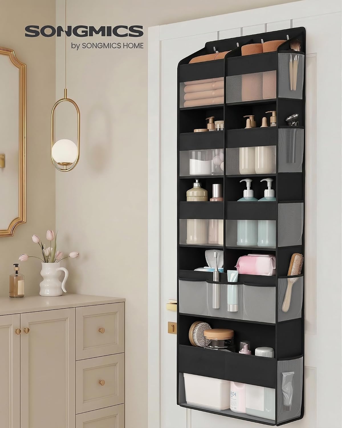 SONGMICS Over-the-Door Organizer, 9-Compartment Door Hanging Storage Shelf, Foldable Closet Hanging Organizer, Heavy-Duty, Metal Hooks, Transparent, Dove Gray URDH009GD01