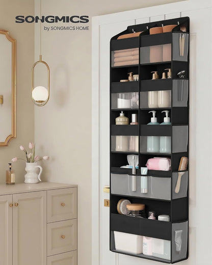 SONGMICS Over-the-Door Organizer, 9-Compartment Door Hanging Storage Shelf, Foldable Closet Hanging Organizer, Heavy-Duty, Metal Hooks, Transparent, Dove Gray URDH009GD01
