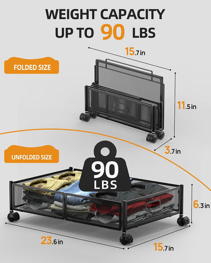 Under Bed Storage with Wheels, Foldable Metal Under Bed Storage Containers, 60L Rolling Underbed Storage, Easy Assembly Under The Bed Storage for Bedroom Clothes Shoes Blankets