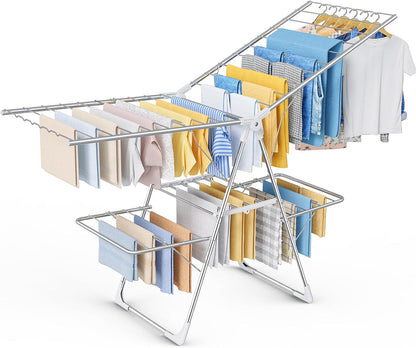 Sakugi Clothes Drying Rack, Foldable 2-Level Laundry Drying Rack with Height-Adjustable Wings, for Clothing & Bedding, Free-Standing Space-Saving Rack, Indoor & Outdoor, 55.5" L × 22.8" W, Gray