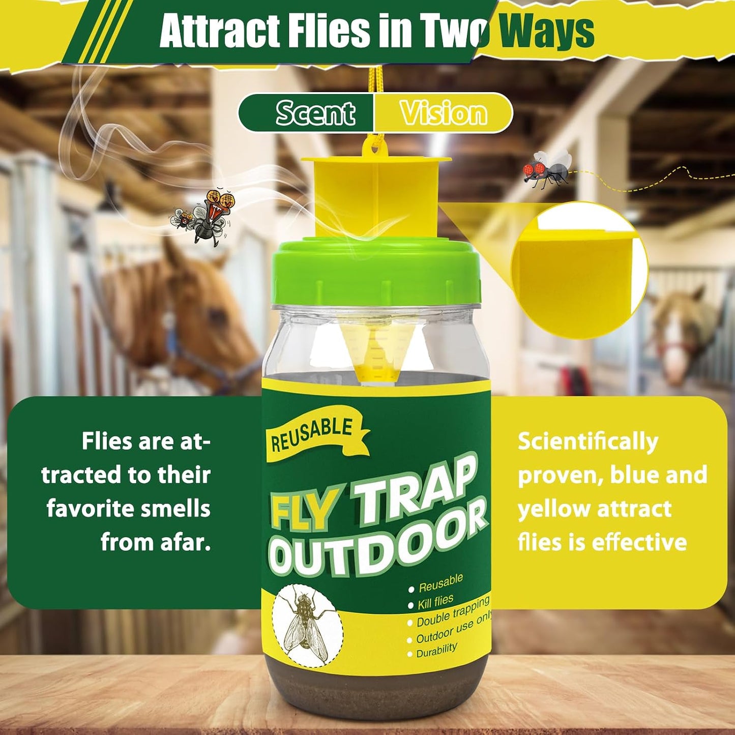 4 Fly Traps Outdoor Fly Trap with 4 Dissolvable Bait Refills, Reusable Hanging Bug Catcher Killer Bottle for Outside Bug Control Patio Yard Ranch Barns Stable, Hanging Rope, Brush Included