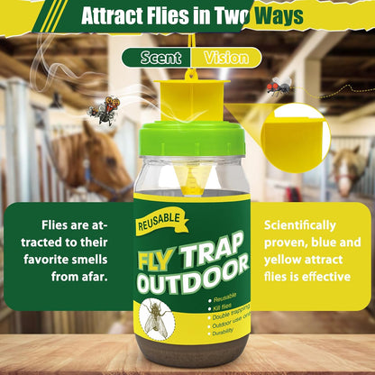 4 Fly Traps Outdoor Fly Trap with 4 Dissolvable Bait Refills, Reusable Hanging Bug Catcher Killer Bottle for Outside Bug Control Patio Yard Ranch Barns Stable, Hanging Rope, Brush Included