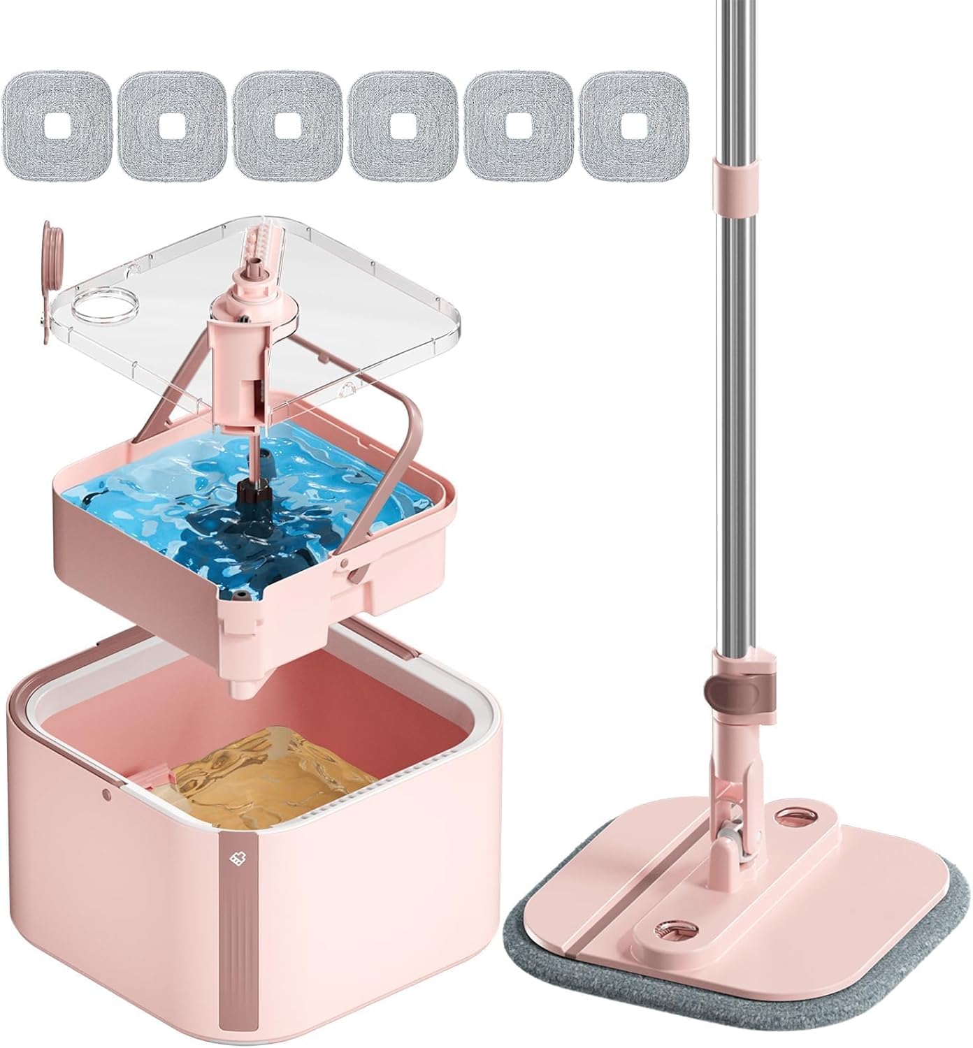 Spin Mop and Bucket Set with 2 Replaceable Microfiber Mop Pads with Self Separation Dirty and Clean Water System, Self Wringing 360° Rotating Square Mop Head for Hardwood Tile Marble Floors