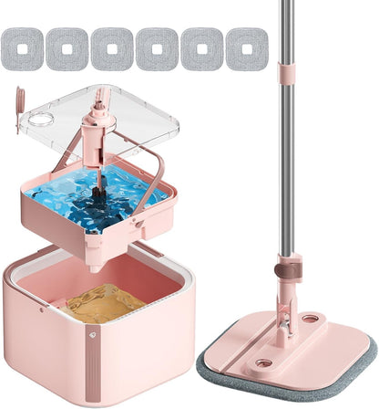 Spin Mop and Bucket Set with 2 Replaceable Microfiber Mop Pads with Self Separation Dirty and Clean Water System, Self Wringing 360° Rotating Square Mop Head for Hardwood Tile Marble Floors