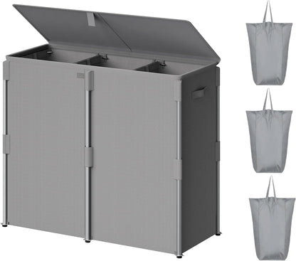 WOWLIVE 180L Laundry Hamper with Lid 3 Section, Large Laundry Basket with Removable Bags, Heavy Duty Metal Frame Dirty Clothes Hampers for Laundry, Laundry Basket Organizer for Laundry Room,Dorm,Black