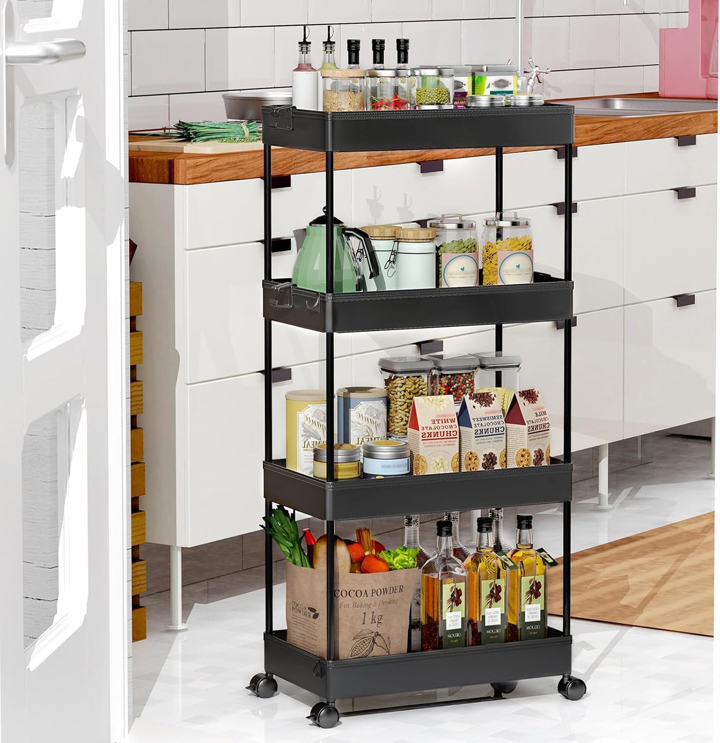 SPACEKEEPER 5-Tier Rolling Cart, Bathroom Storage Organizer Utility Cart, Mobile Shelving Unit Slide Out Shelves for Kitchen Living Room Laundry Room & Dressers, Black