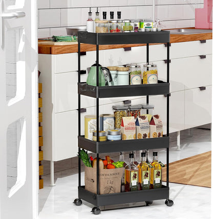 SPACEKEEPER 5-Tier Rolling Cart, Bathroom Storage Organizer Utility Cart, Mobile Shelving Unit Slide Out Shelves for Kitchen Living Room Laundry Room & Dressers, Black