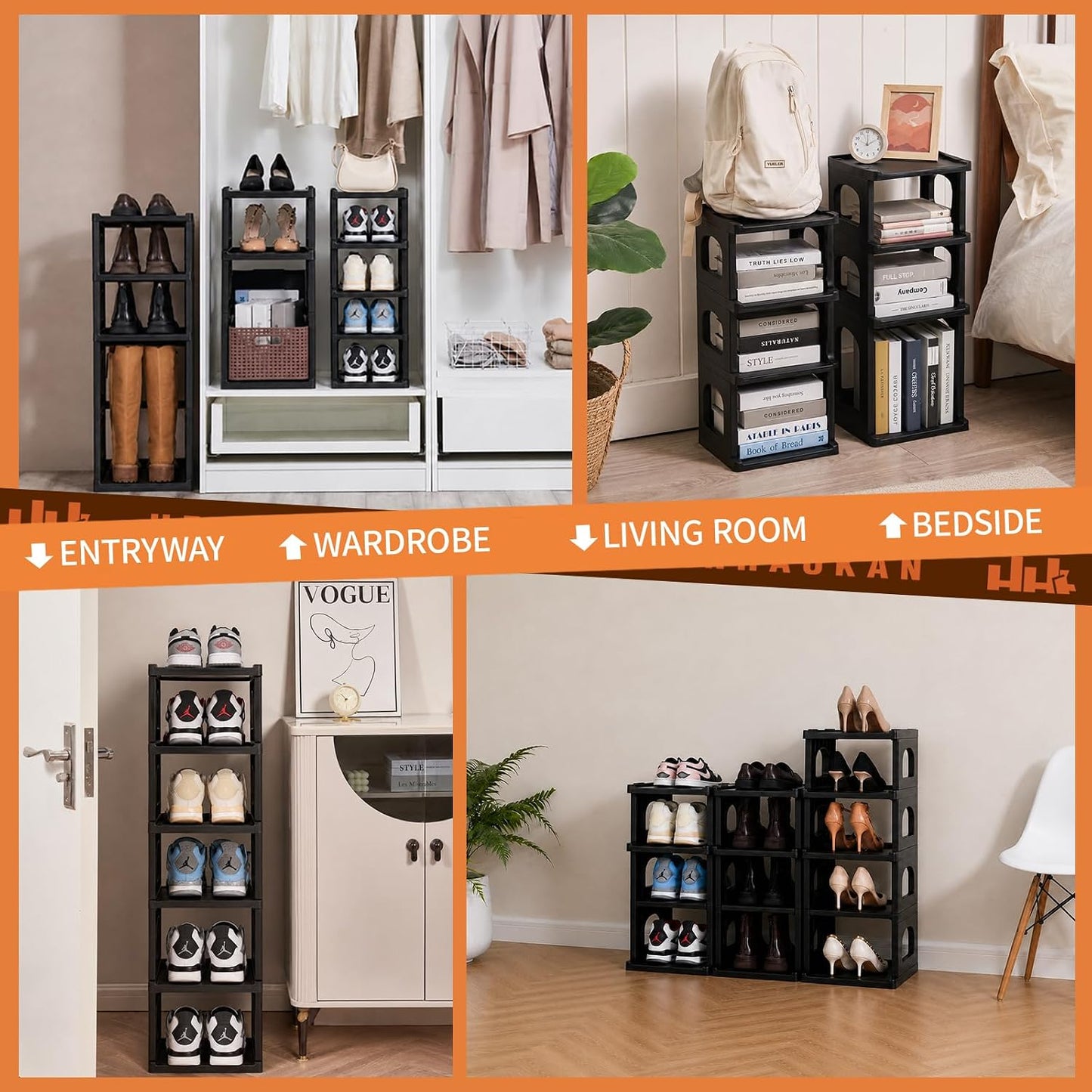 5 Tiers Vertical Shoe Rack, Narrow Free Standing Shoe Storage Organizer for Entryway and Small Closet, Stackable Shoe Holder Shelf Stability DIY, Black