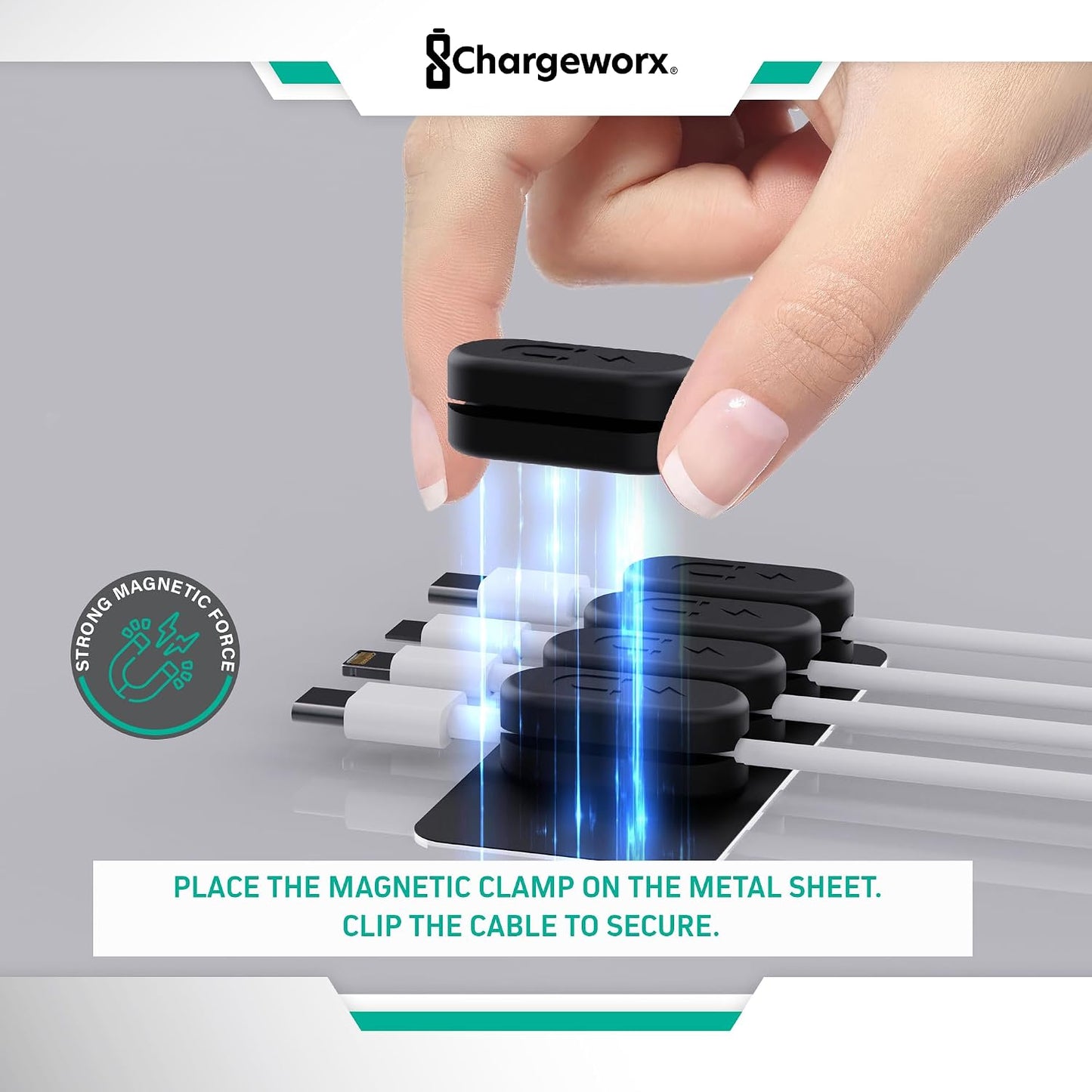 Chargeworx Magnetic Cable Clips - Cord Holder Organizer, No Drill Self-Adhesive Base, Cable Organizer, Repositionable Magnetic Clips, 5-Pack, USB-C Lightning Micro-USB, Desk Nightstand Wall Car, Black