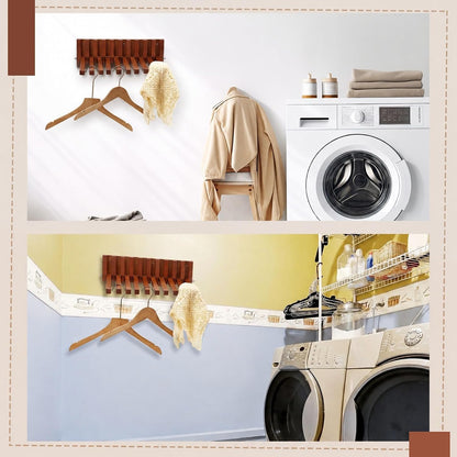 Domensi Beech Wood Wall Mounted Drying Rack for Laundry Room with 10 Mount Folding Coat Hooks Racks Drying Hanger for Bathroom Hat Towels Robes Rack Saving Space (Wood Color)