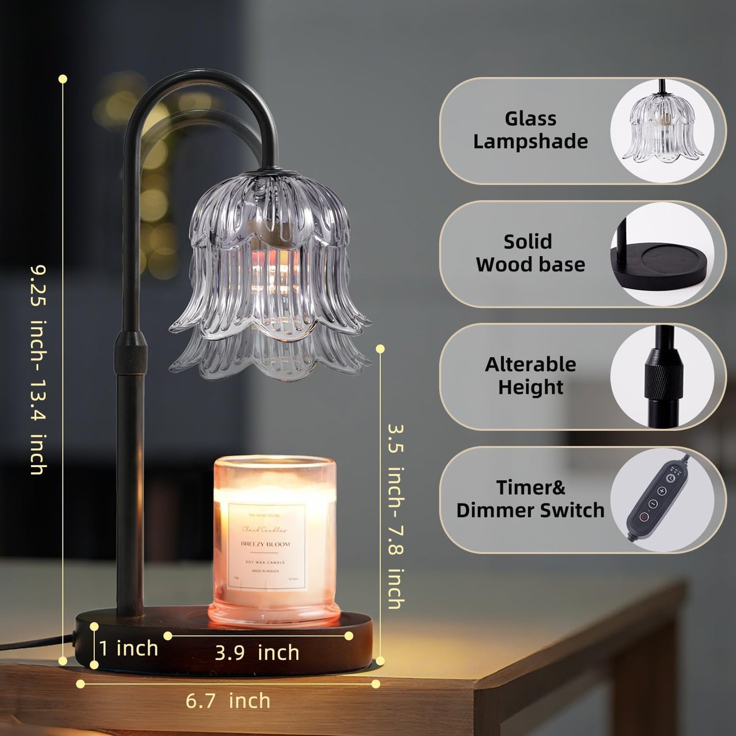 CRMILL Candle Warmer Lamp with Timer: Adjustable Dimmable Height Adjustable Warming - Flower Shape Wax Lamp Jar Candles No Flame Modern Home Decor Table Lights - Home Living Bedroom