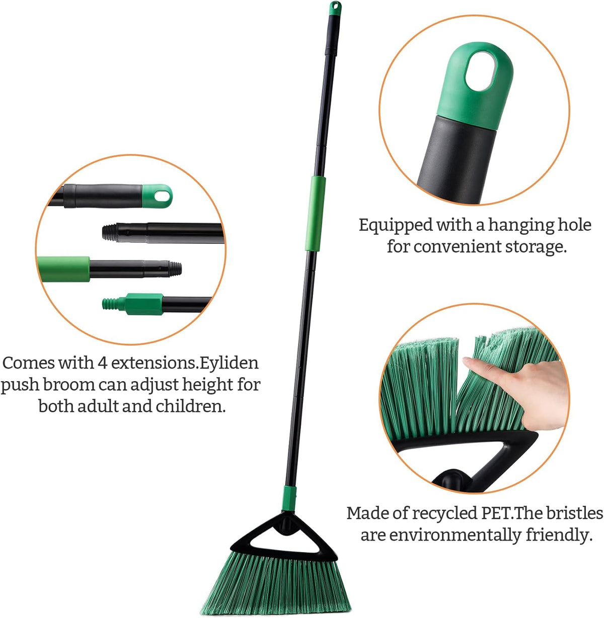 Eyliden Angle Broom with 57" Long Handle, Outdoor Indoor, Green | Heavy-Duty Cleaning, Also Works Well Fine Dust - PET Bristles, Commercial Sweeper for Courtyard Sidewalk Deck Kitchen Lobby