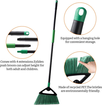 Eyliden Angle Broom with 57" Long Handle, Outdoor Indoor, Green | Heavy-Duty Cleaning, Also Works Well Fine Dust - PET Bristles, Commercial Sweeper for Courtyard Sidewalk Deck Kitchen Lobby