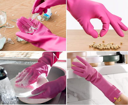 Myungjin Reusable Waterproof Household Dishwashing Non-Slip Cleaning Rubber Gloves with Hang-Dry Hook (1 Pair/Medium)