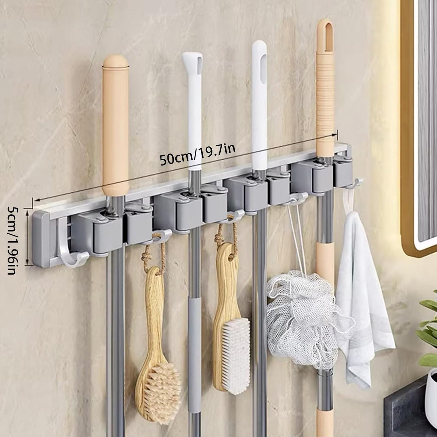 Broom Holder Wall Mount Movable Hooks and Clips Mop and Broom Hanger Wall Mounted Aluminum Garage Tool Organizer Storage Adhesive (Silver: 5 clips with 6 hooks)