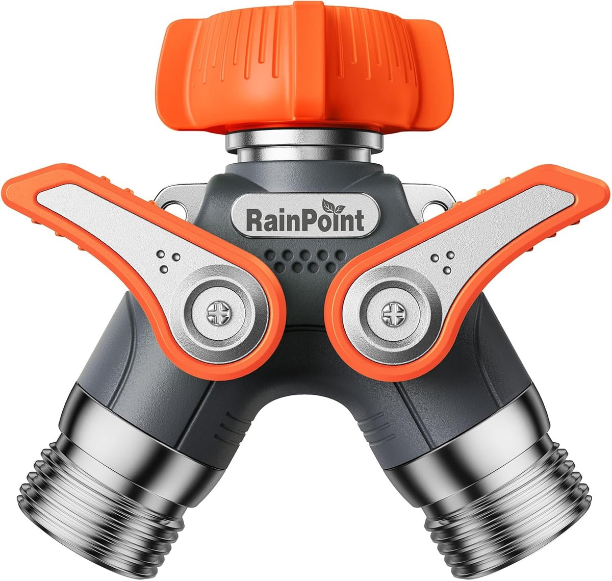 RAINPOINT 2 Way Garden Hose Splitter | Heavy Duty Water Spigot Splitter with Shutoff Valves, 100% Metal Body, 1.9" Extra Long Metal Handle, 3/4" GHT Thread