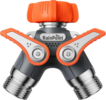 RAINPOINT 2 Way Garden Hose Splitter | Heavy Duty Water Spigot Splitter with Shutoff Valves, 100% Metal Body, 1.9" Extra Long Metal Handle, 3/4" GHT Thread