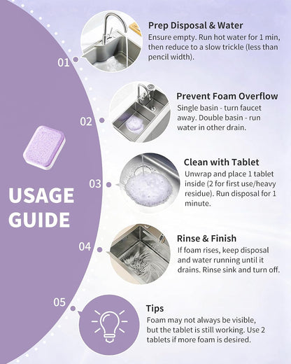 Garbage Disposal Cleaner Deodorizer Tablets - 24 Pack Powerful XL Sink Disposal Cleaner Foaming Tablet, Lavender Foam Garburator Disposer Freshener, Natural Kitchen Drain Cleaning Care, 1 Year Supply