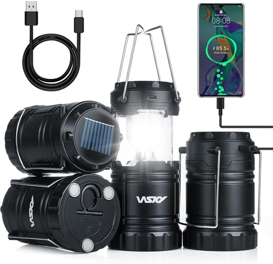 Wsky Solar Camping Lantern 4-Pack - Rechargeable LED Lights, Magnetic Base & Foldable Hanging Hook- Collapsible Lamp Battery Powered Perfect for Power Outages, Hiking, Campsites, Emergencies
