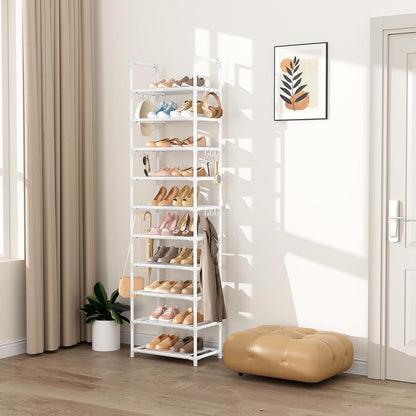 VTRIN 10 Tiers Tall Shoe Rack Holds 20-25 Pairs of Shoes Sturdy Vertical Shoe Organizer with 18pcs Hooks Stackable Narrow Shoe Rack for Closet, Entryway Black