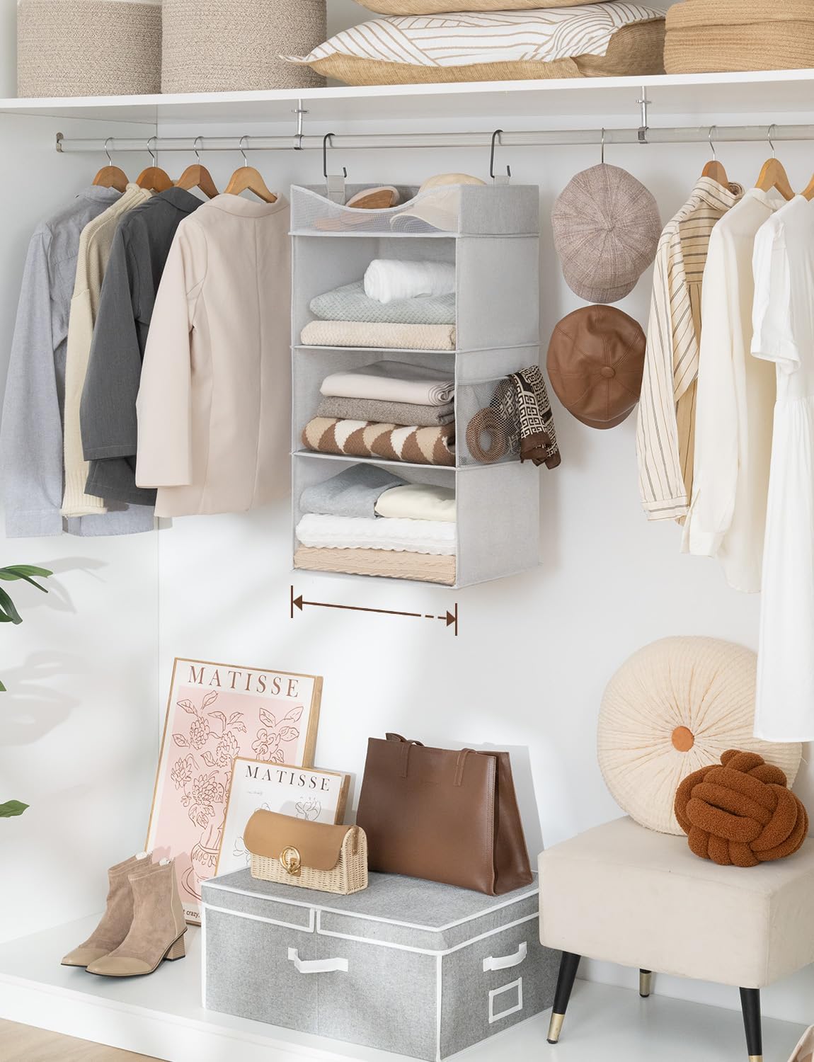 StorageWorks Hanging Closet Organizer, 3-Shelf Hanging Closet Shelves with Top Shelf, 15 ¾"W x 12" D x 31" H, Extra-Large Space, Ivory White