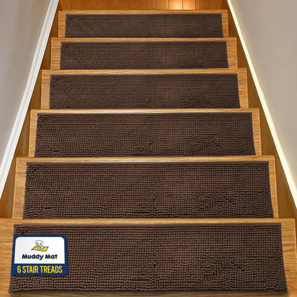 Muddy Mat® Pack of 4 - Soft Chenille Stair Treads Non-Slip Reusable, Super Absorbent Stair Treads for Wooden Steps, Tile & Marble Floor, Easy to Install & Machine Washable - Brown 30'' x 7''