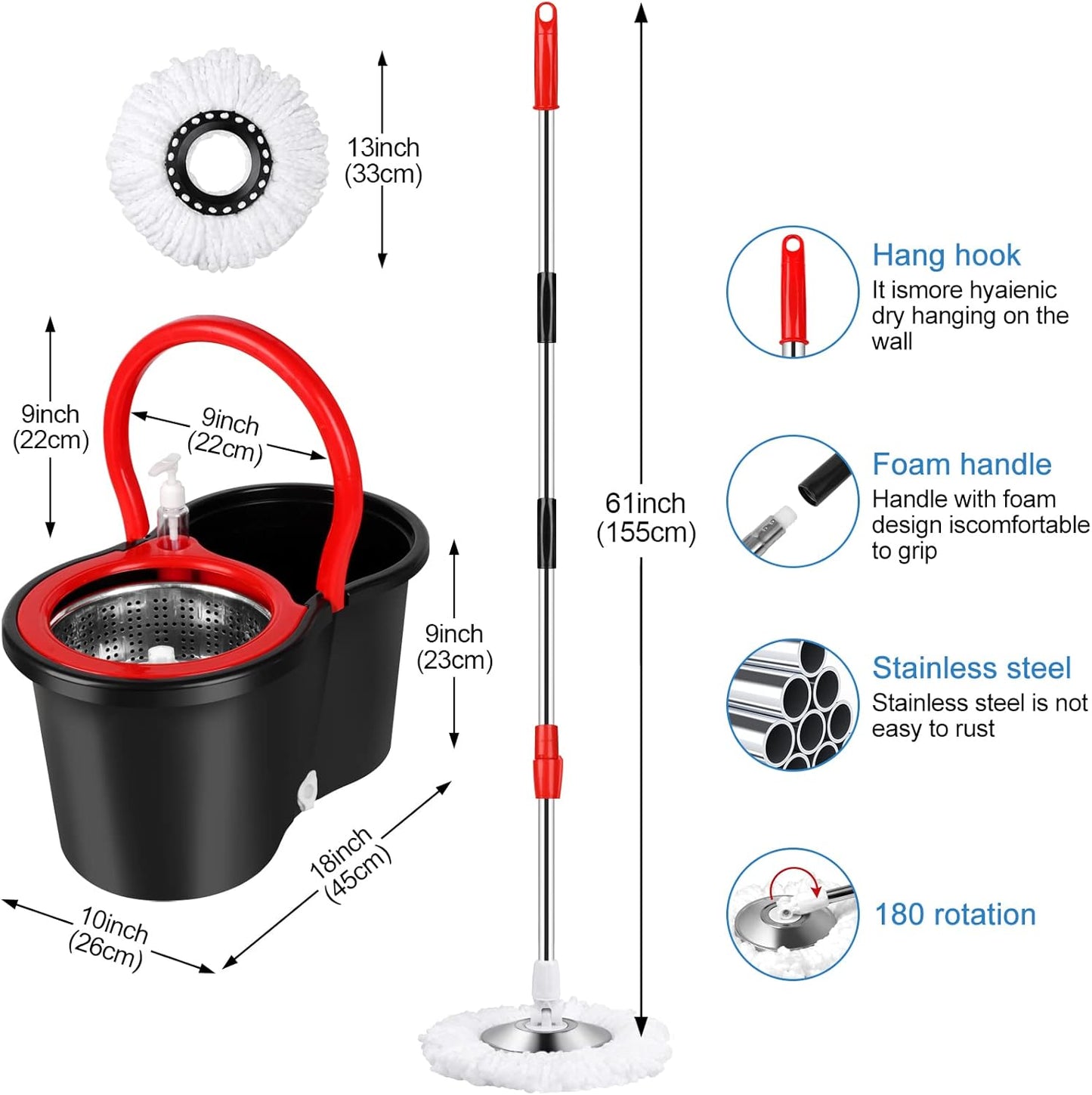 Spin Mop and Bucket with Wringer Set, 360° Spinning Mop Bucket System with 3 Microfiber Mop Replacement Heads and 50" Stainless Steel Adjustable Handle for Floor Cleaning