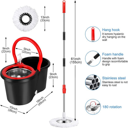 Spin Mop and Bucket with Wringer Set, 360° Spinning Mop Bucket System with 3 Microfiber Mop Replacement Heads and 50" Stainless Steel Adjustable Handle for Floor Cleaning