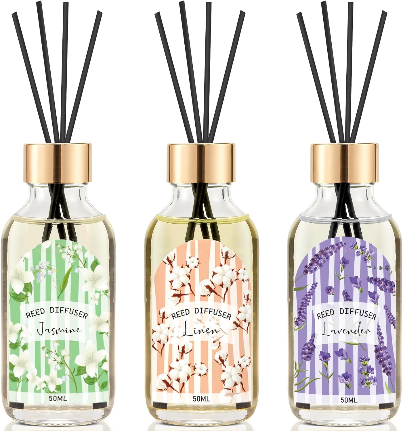 Reed Diffuser Set of 3 Pack, Linen Vanilla Citrus Scented Oil Diffuser with 15 Sticks, Reed Diffusers for Home, Bathroom Air Freshener, 1.7 Fl.oz Each, Total 5.1 Oz