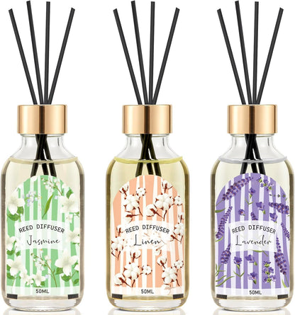 Reed Diffuser Set of 3 Pack, Linen Vanilla Citrus Scented Oil Diffuser with 15 Sticks, Reed Diffusers for Home, Bathroom Air Freshener, 1.7 Fl.oz Each, Total 5.1 Oz