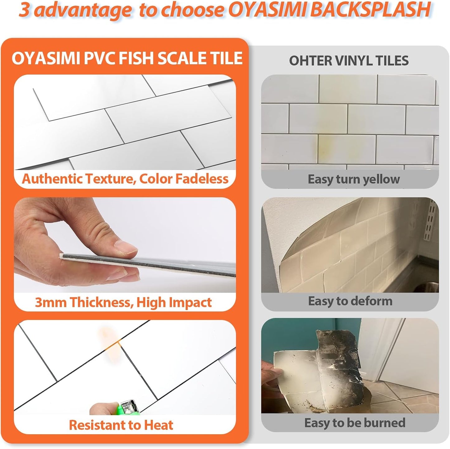 10- Sheet Polished White Peel and Stick Backsplash, 12’’Luxury PVC Ceramic Look Self Stick Subway Tiles, Waterproof Peel and Stick Wall Tiles for Kitchen and Bathrrom