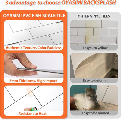 10- Sheet Polished White Peel and Stick Backsplash, 12’’Luxury PVC Ceramic Look Self Stick Subway Tiles, Waterproof Peel and Stick Wall Tiles for Kitchen and Bathrrom