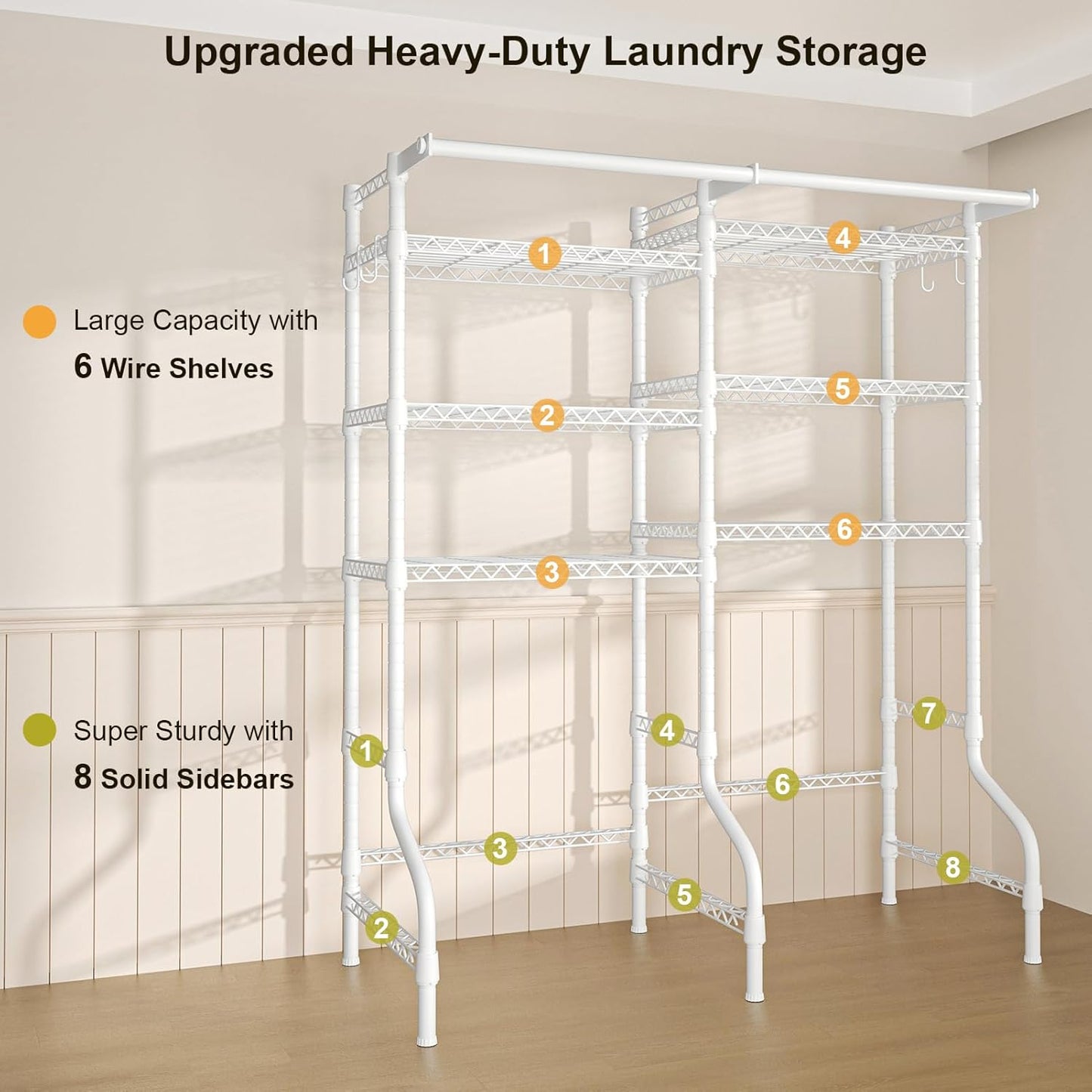 Ulif U13 Medium Over Washer and Dryer Storage Shelves, 6 Tiers Laundry Room Standing Shelf with 2 Hanger Rods, Space Saver Clothes Drying Rack, 57.8" W x 22" D x 77.4" H, Black
