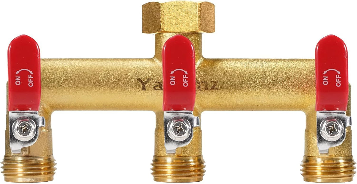Garden Hose Splitter, 3/4” Rust and Freeze Resistant Outdoor Hose Manifold with 2 Green Extra Long Handles Faucet Adapter-Heavy Duty Brass 2-Way Valve