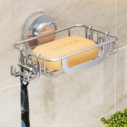 LEVERLOC Soap Dish Holder for Shower Suction Cup Wall Mounted Self Draining NO-Drilling Removable Bar Soap Sponge Holder for Bathroom Bathtub Kitchen Sink Waterproof Strong Vacuum Suction Adhesion