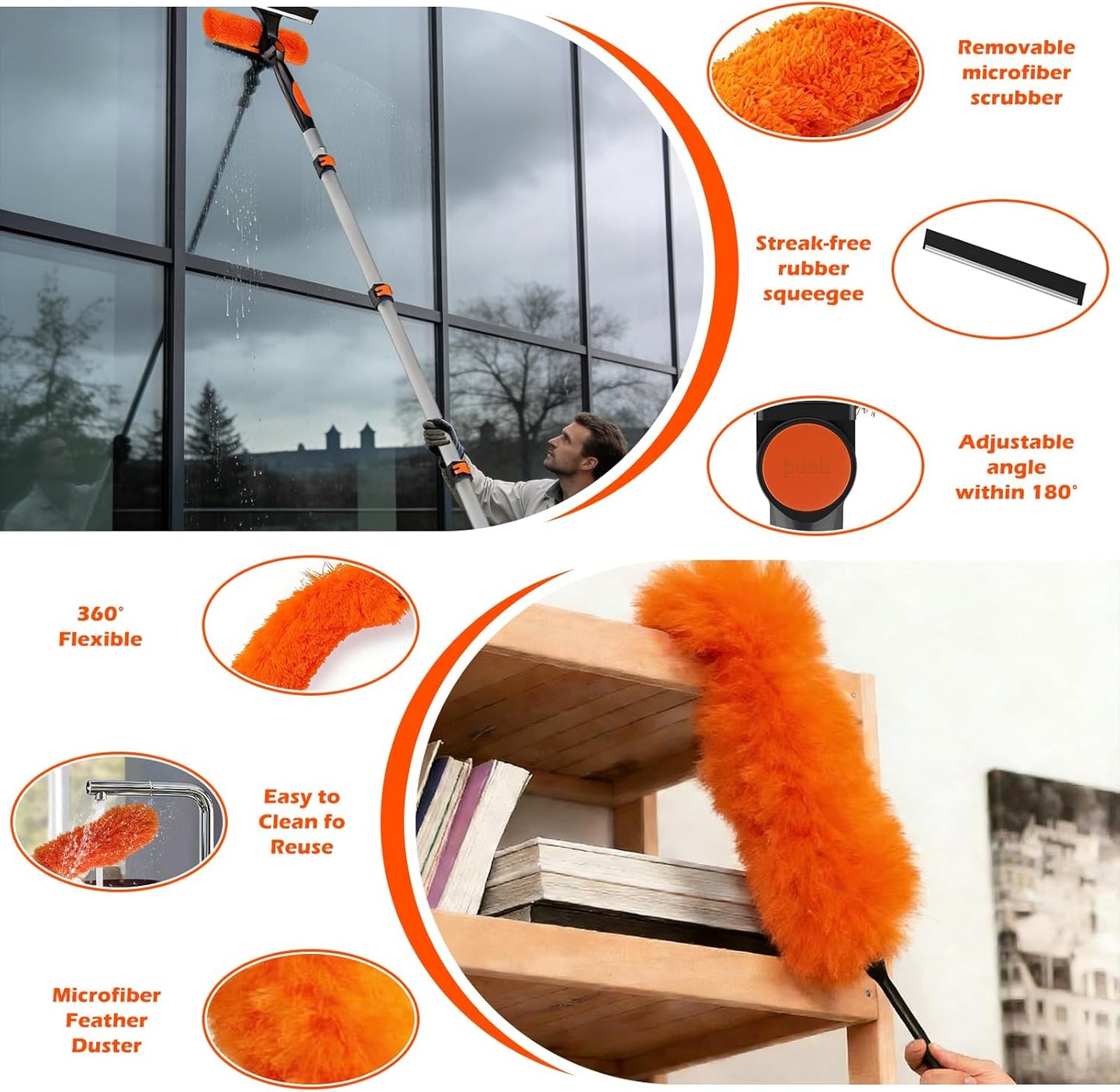 25FT Reach High Ceiling Duster Kits with 5-20FT Adjustable Pole - Includes Extra Long Duster, High Ceiling Duster, Rotatable Window Squeegee & Cobweb Duster for Ceiling Fans and Whole House Cleaning