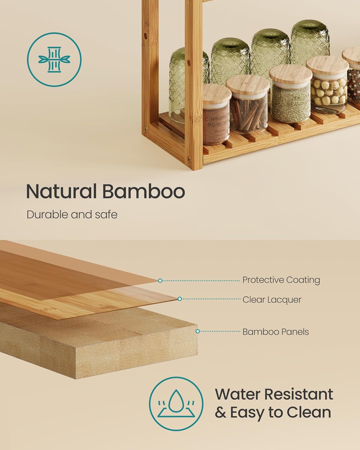 SONGMICS Bamboo Rolling Cart, 3-Tier Utility Cart on Wheels, Slim Narrow Storage Shelf, Bamboo Shelves, Space-Saving, Multifunctional, for Bathroom, Kitchen, White and Natural UBCB083N02