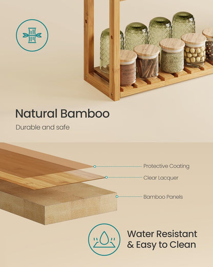 SONGMICS Bamboo Rolling Cart, 3-Tier Utility Cart on Wheels, Slim Narrow Storage Shelf, Bamboo Shelves, Space-Saving, Multifunctional, for Bathroom, Kitchen, White and Natural UBCB083N02