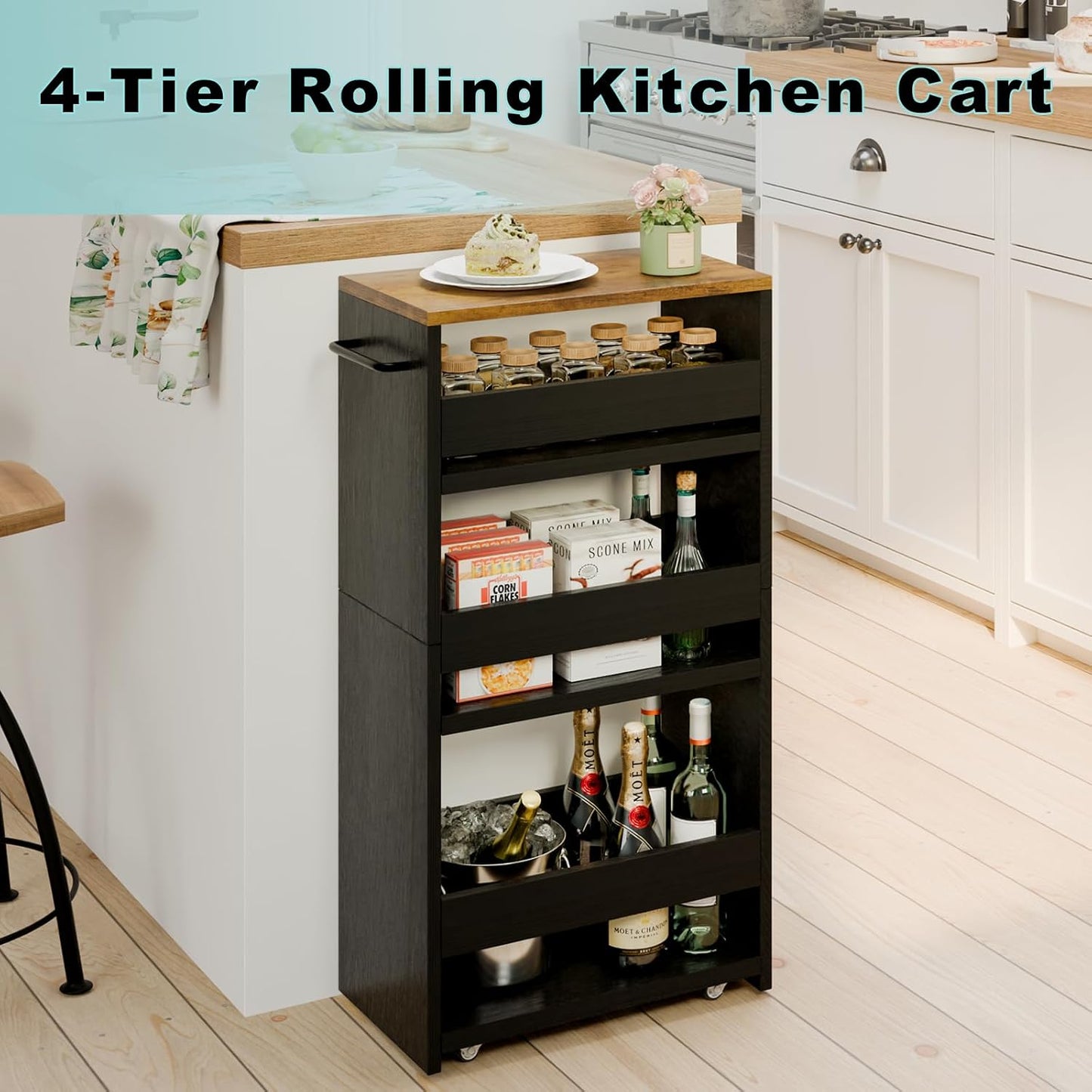 MARTY Slim Rolling Storage Cart 4-Tier Kitchen Cart with Wheels, Laundry Room Storage with Handle Slide Out Utility Cart Shelving Unit Organizer Trolley for Narrow Places Bathroom Small Corner, Black