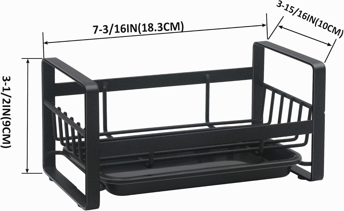 Kitchen Sponge Holder for Sink, Kitchen Sink Caddy Organizer, Sink Tray Drainer Rack, Dish Rags Brush Soap Storage Countertop with Removable Front Drain Pan - Black