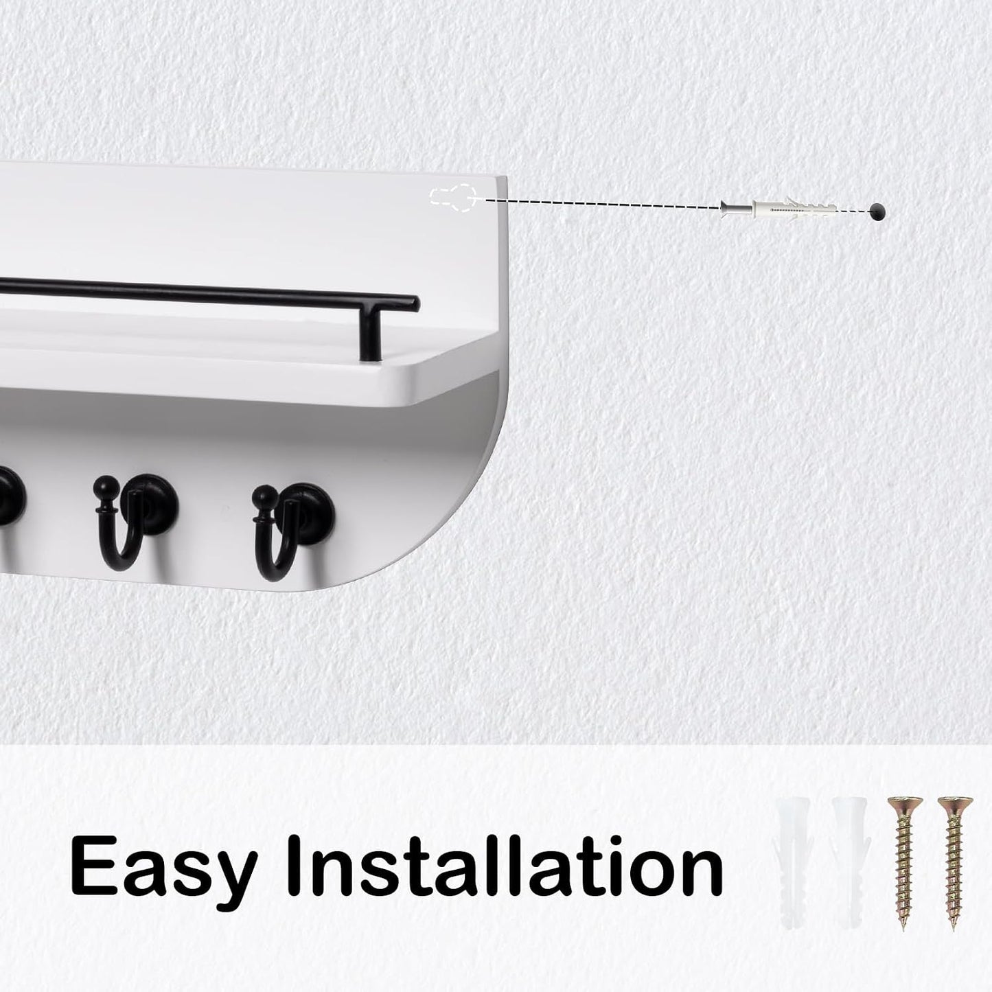 Key Holder for Wall, Decorative Key and Mail Organizer with 6 Sturdy Metal Hooks and Floating Shelf, 14 Inches Wood Wall Mounted Key Rack for Entryway, White and Gold