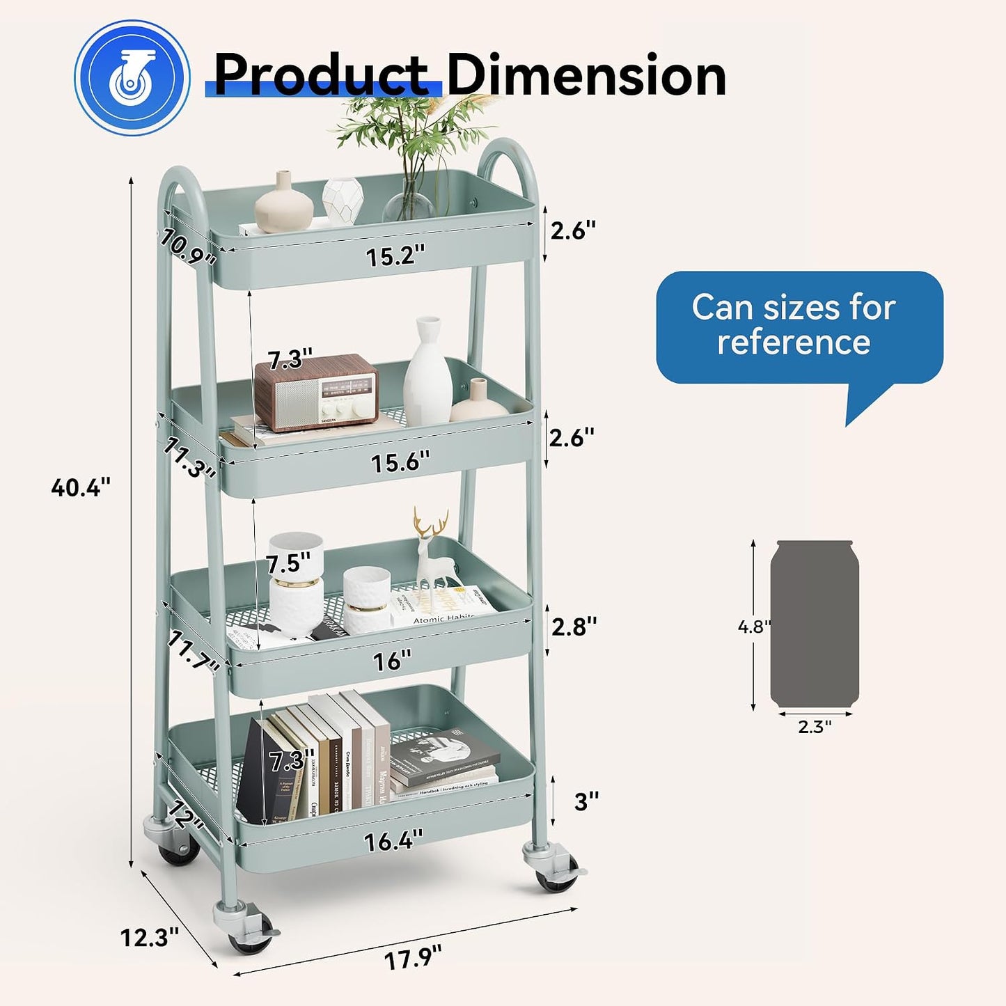 NEWBULIG 3-Tier Rolling Storage Cart, Metal Mobile Utility Organizer Shelf with Lockable Wheels, Space-Saving Freestanding Storage for Bathroom Living Room and Narrow Corner Spaces, Green