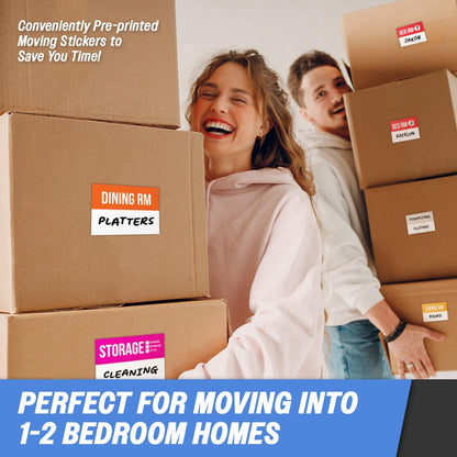 Moving Labels (3 x 2 inch, 300 per Pack) Ideal for 1-2 Bedroom Homes - 10x Designs of Color-Coded Moving Stickers w/Write-in Area, Fragile, Heavy & Blank Labels