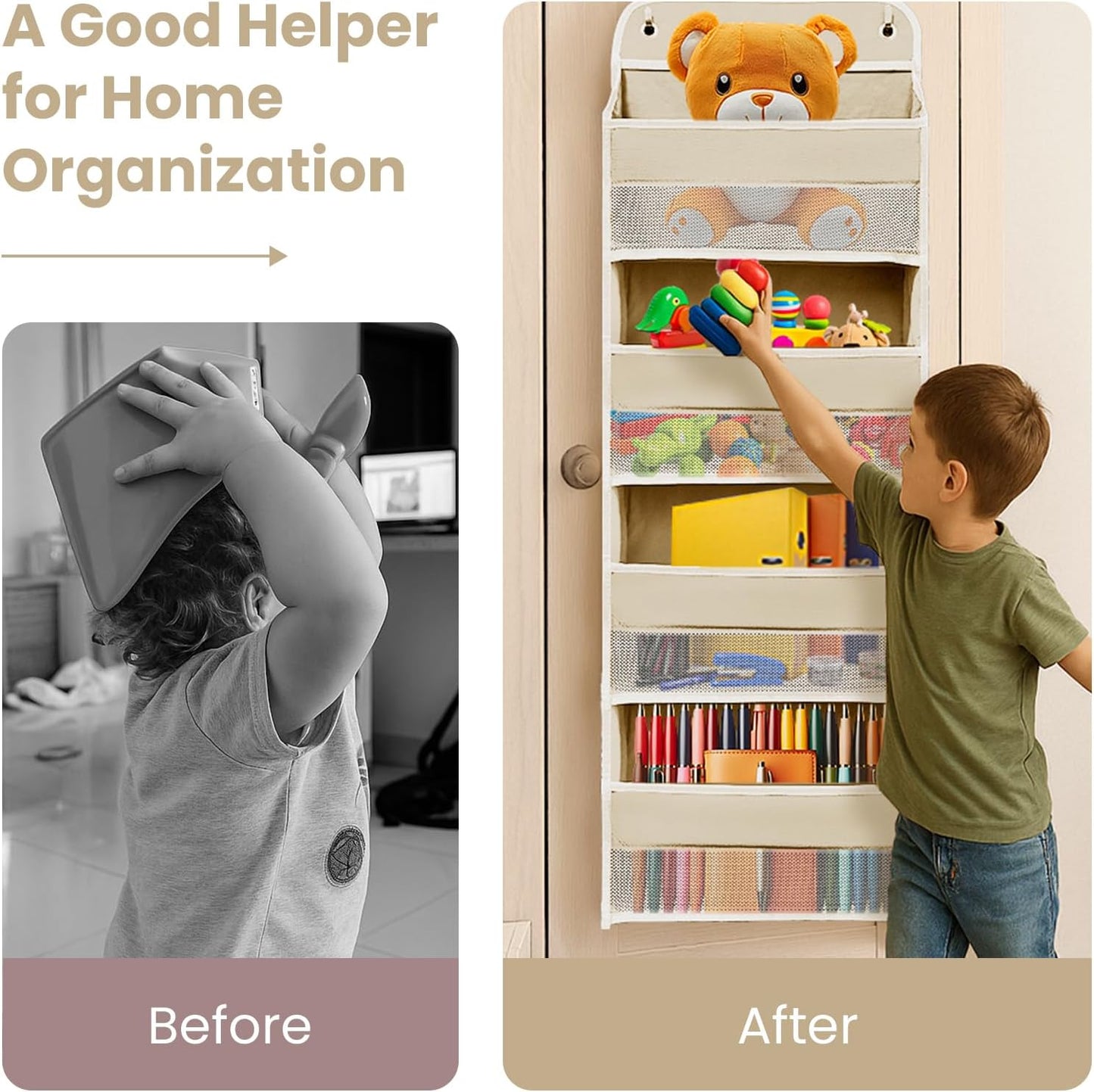 Over The Door Organizer with LifetimeWarranty, 4 Shelves & 4 Side Pockets, Large Storage Rack Holds 44lb, Heavy-Duty Reinforced Mesh Shelf for Bathroom, Closet, Toy Organization, Shoes, Towels, Grey