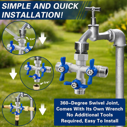 304 Stainless Steel Garden Hose Splitter 2 Way, Heavy Duty 3/4" GHT Y Hose Splitter with Shut-Off Valves, Full Flow Outdoor Faucet Connector with Wrench