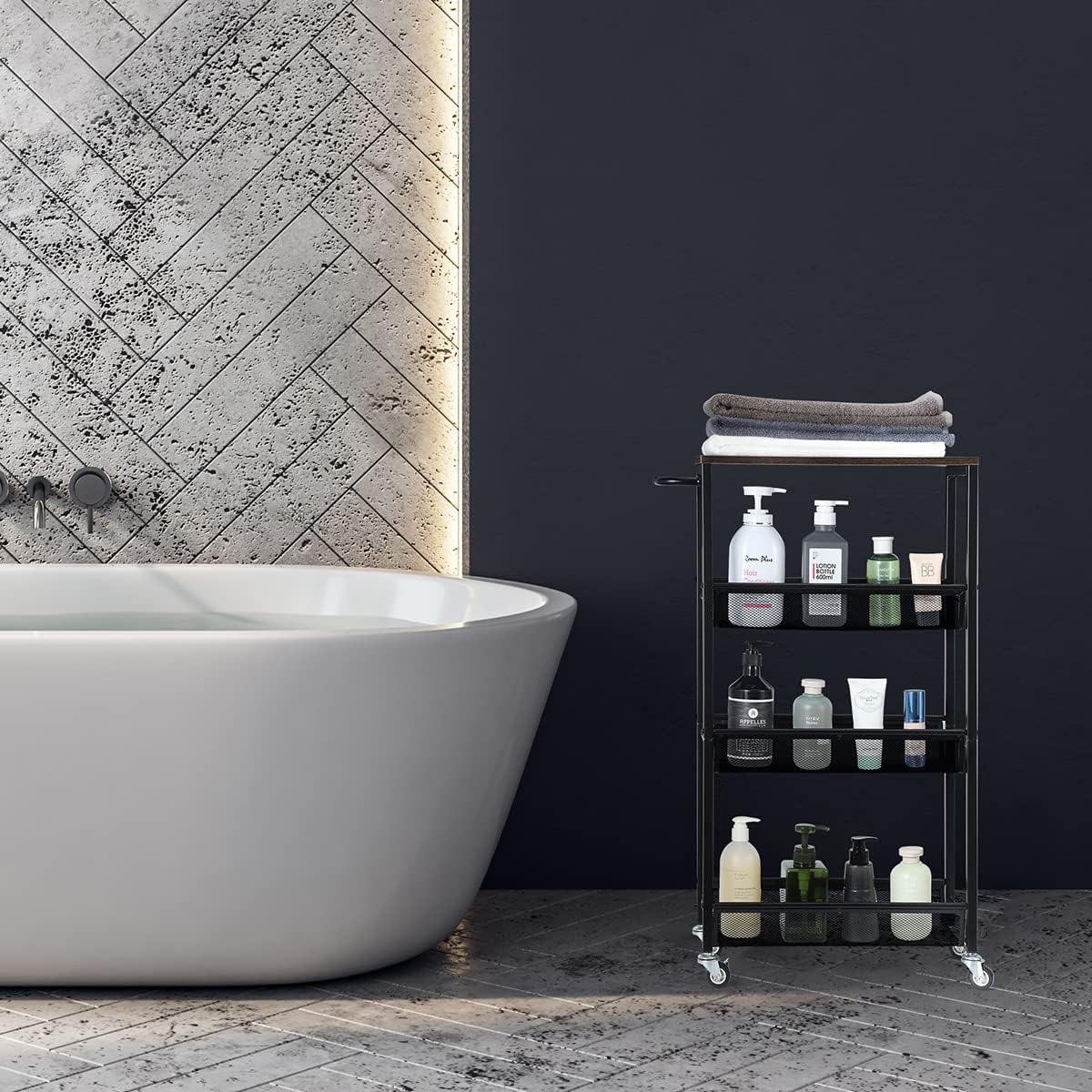 NANANARDOSO 4 Tier Slim Storage Cart, Shelving Unit for Small Space, Rolling Storage Cart with Wooden Top and Metal Handle for Narrow Space on Kitchen, Bathroom, Laundry Room, Black.