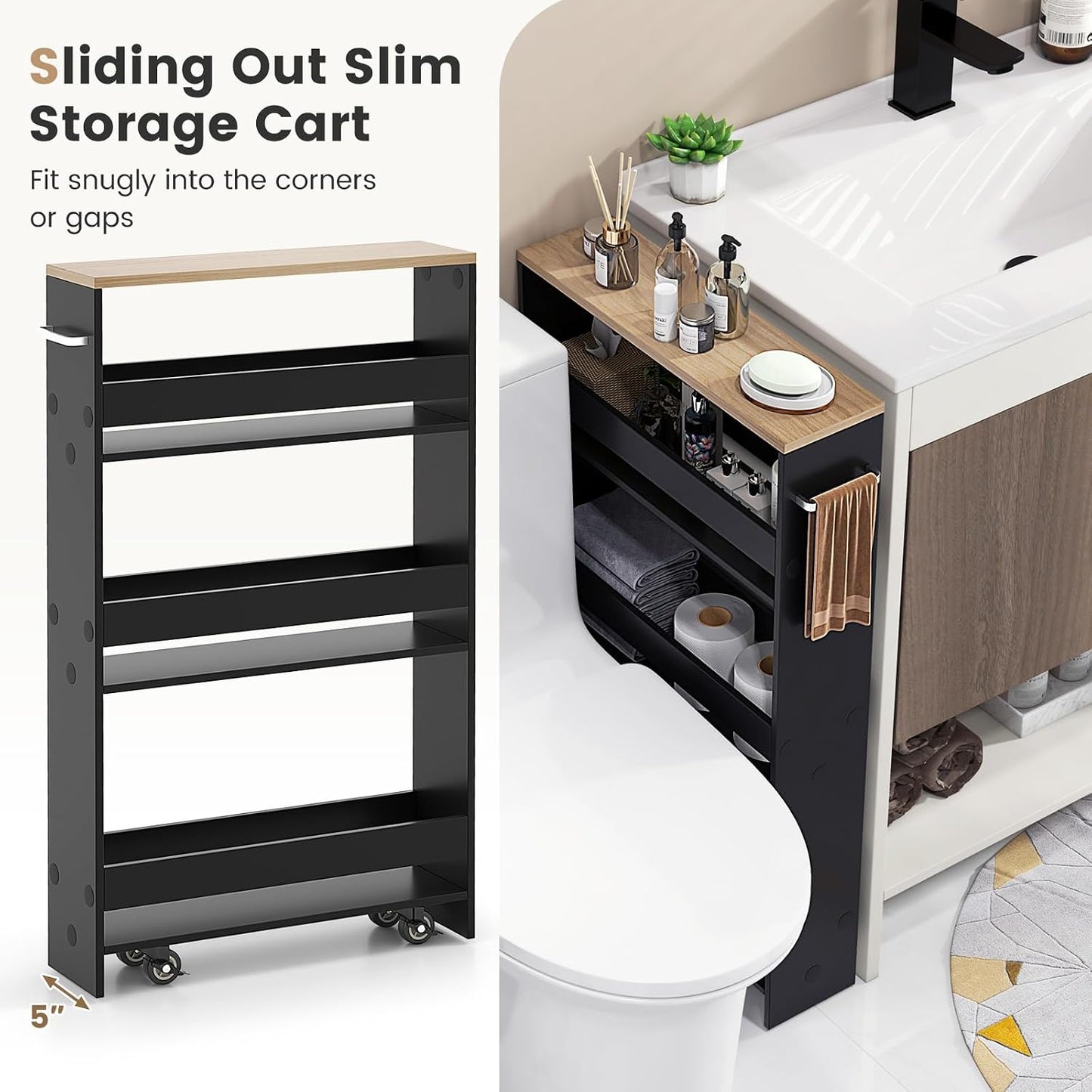 COSTWAY Slim Rolling Storage Cart, 4-Tier Rolling Utility Cart, Wood Kitchen Storage Cart with Handle & Wheels, Narrow Rolling Shelving Unit for Kitchen Bathroom Laundry Small Places (Plain White)
