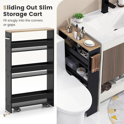 COSTWAY Slim Rolling Storage Cart, 4-Tier Rolling Utility Cart, Wood Kitchen Storage Cart with Handle & Wheels, Narrow Rolling Shelving Unit for Kitchen Bathroom Laundry Small Places (Plain White)