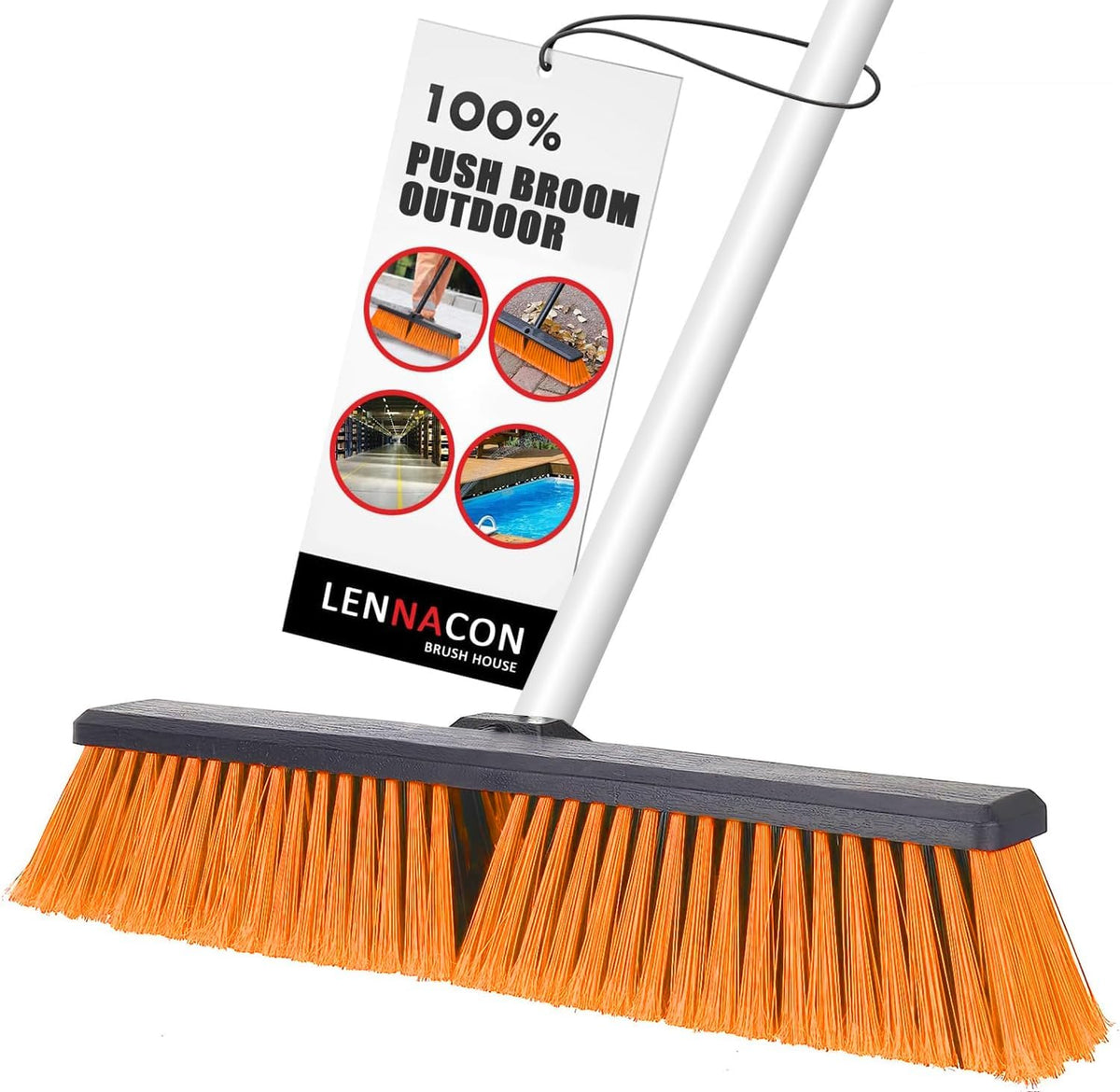 Push Broom, Outdoor Broom, Push Broom Outdoor for Garage, Deck (Orange) | 18‑inch stiff bristle head works as garage, shop & industrial broom for concrete, decks, patios. Ergonomic handle + hook